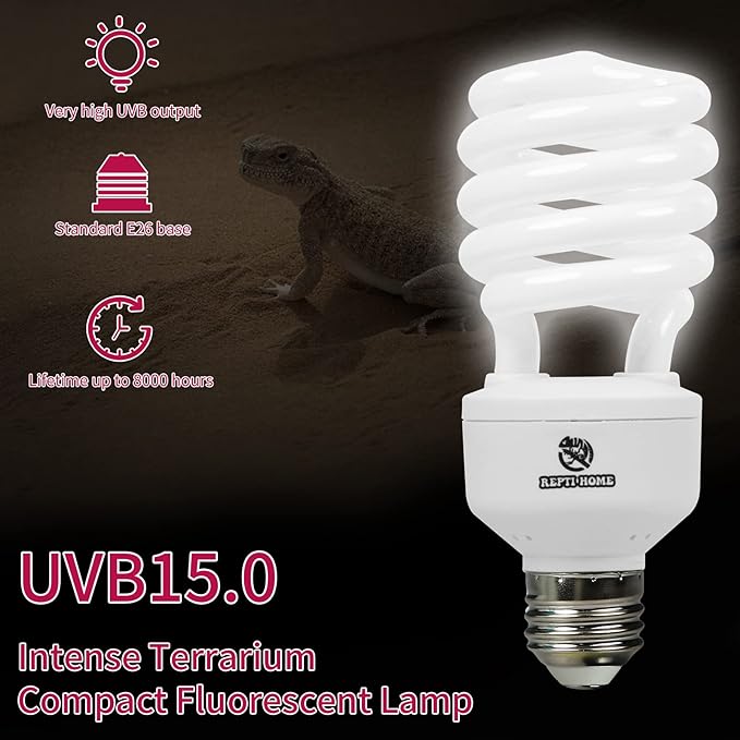 UVB Reptile Light 15.0, 26W Intense UVA UVB Bulb for Reptiles, Terrarium Compact Fluorescent Lamp, Reptile UVB Light Bulb for Desert Reptiles & Amphibians REPTIHOME