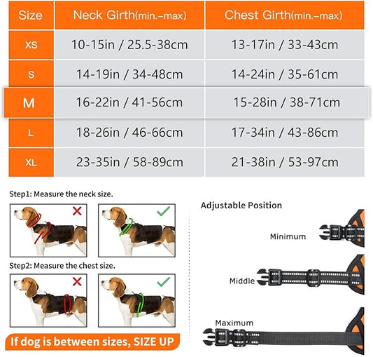 Timos Dog Harness Medium Sized, No Pull Dog Harness with Neck Lockable Snap,No Choke Front Clip Dog Reflective Harness,Adjustable Metal Rings 3 Buckles,Easy Control Handle for Medium Dogs Orange M Timos