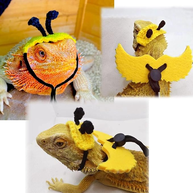 Bearded Dragon Harness and Leash Set - Adjustable Lizard Traction Rope with Wings Knitted Bee Hat Outdoor Walking Leash Escape Proof Reptile Bee Costume Accessories for Lizard Small Pets (Yellow) SEZDEKI