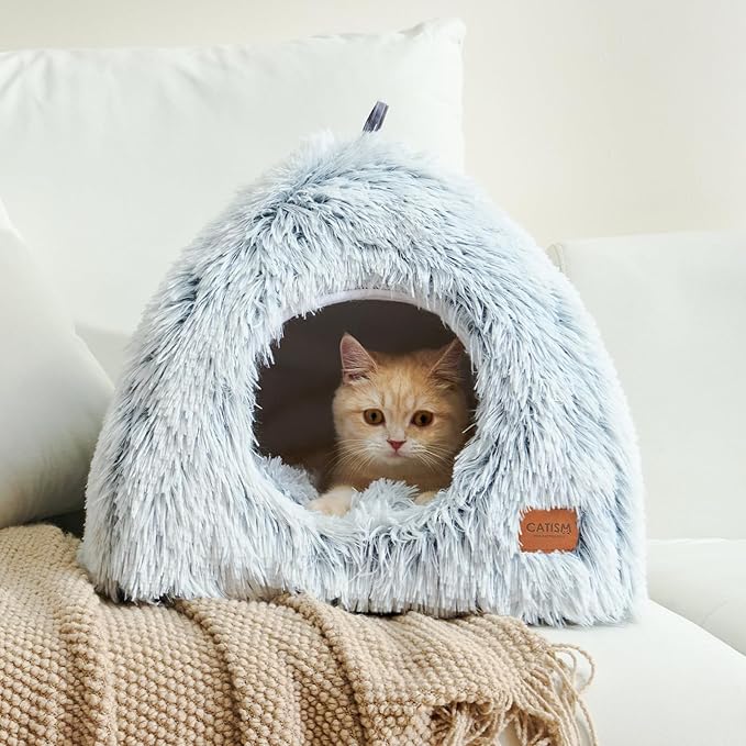 CATISM Cat Bed, Cat Cave for Indoor Cats, Soft Cat Dome, Self-Warming 2 in 1 Foldable Pet Cat House with Washable Cushioned Pillow Calming Fluffy Dog Beds for Small Dogs with Anti-Slip Bottom Gray - PAWPICO