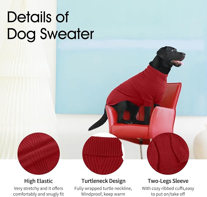 IECOii Extra-Large Dog Sweater 4XL,Christmas Dog Sweaters for Extra Large Dogs Girl Boy,Turtleneck Knitted Knitwear for Pet,Easy On Doggie Sweatshirt Dog Sweater for Doberman,Great Dane(Red,XXXXL) - PAWPICO