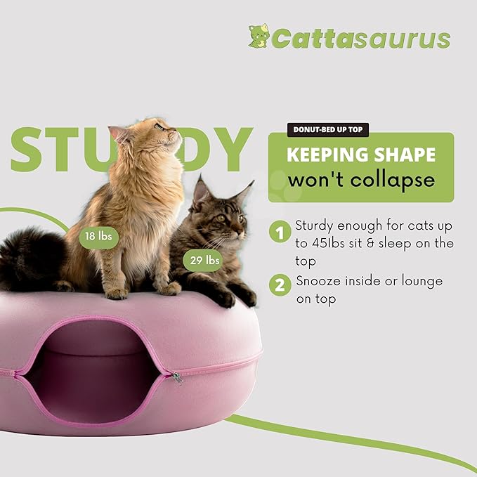 CATTASAURUS Peekaboo Cat Cave for Multiple & Large Cats Up to 30-45 Lbs, Scratch Detachable & Washable Tunnel Bed, Comfy Donut Cat Cave (Pink, Jumbo) - PAWPICO