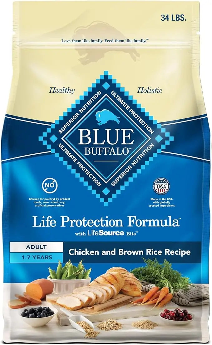 Blue Buffalo Life Protection Formula Adult Dry Dog Food, Helps Build and Maintain Strong Muscles, Made with Natural Ingredients, Chicken & Brown Rice Recipe, 34-lb. Bag - PAWPICO