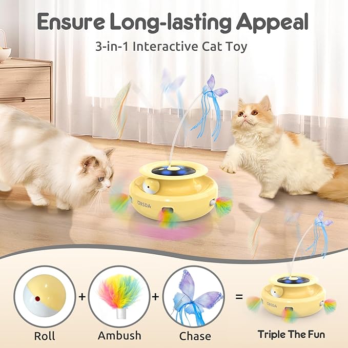 ORSDA Cat Toy, 3-in-1 Automatic Cat Toys for Indoor Cats, Electronic Whack a Mole, Fluttering Butterfly,Track Balls Kitten Toy, Rechargeable Power Interactive Feather Toys for All Breeds - PAWPICO
