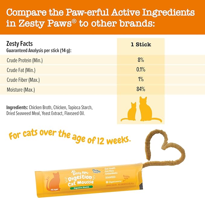 Zesty Paws Cat Mousse Squeezies Puree Cat Treats for Digestion - with Seaweed, Omega Fatty Acids, Antioxidants - Support for Digestive Health Cats - Chicken Flavor - 18 Count ZestyPaws