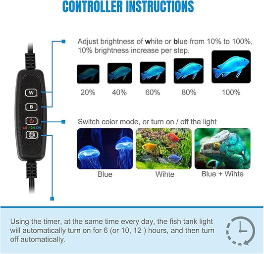 iKefe 7.5" White & Blue Submersible LED Aquarium Fish Tank Light with Timer/Dimmable Underwater Fish Tank Aquarium LED Lights Fixture for Saltwater Freshwater Fish, Plant Grow, Coral Reef Decorations iKefe