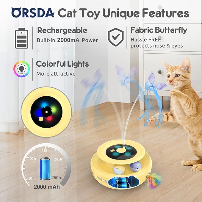 ORSDA Cat Toy, 3-in-1 Automatic Cat Toys for Indoor Cats, Electronic Whack a Mole, Fluttering Butterfly,Track Balls Kitten Toy, Rechargeable Power Interactive Feather Toys for All Breeds - PAWPICO
