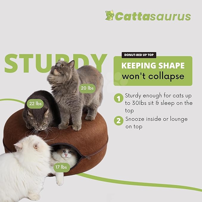 CATTASAURUS Peekaboo Cat Cave for Multiple & Large Cats Up to 30-45 Lbs, Scratch Detachable & Washable Tunnel Bed, Comfy Donut Cat Cave (Brown, Large) - PAWPICO