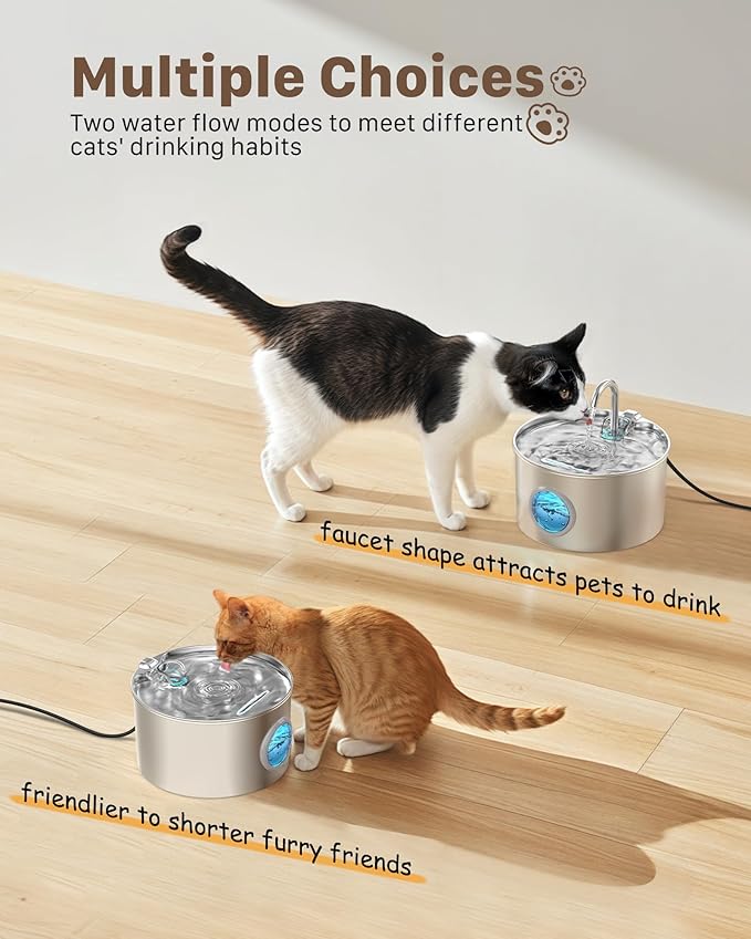 Cat Water Fountain Stainless Steel: Cat Fountain for Drinking - Pet Water Fountain for Cats Inside - 74oz/2.2L Quiet Cat Water Bowl Dispenser - Cat Drinking Fountains - Contains 6 Filters + 3 Sponges - PAWPICO