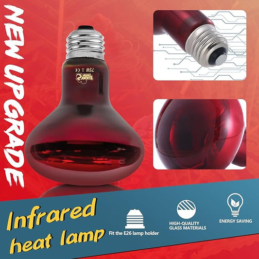 LUCKY HERP Infrared Heat Lamp 75W 2 Pack,Reptile & Amphibian Basking Spot Light Bulbs, Red Heat Lamp Bulbs for Reptiles, Bearded Dragon, Turtle, Lizard, Snake, Chicken LUCKYHERP