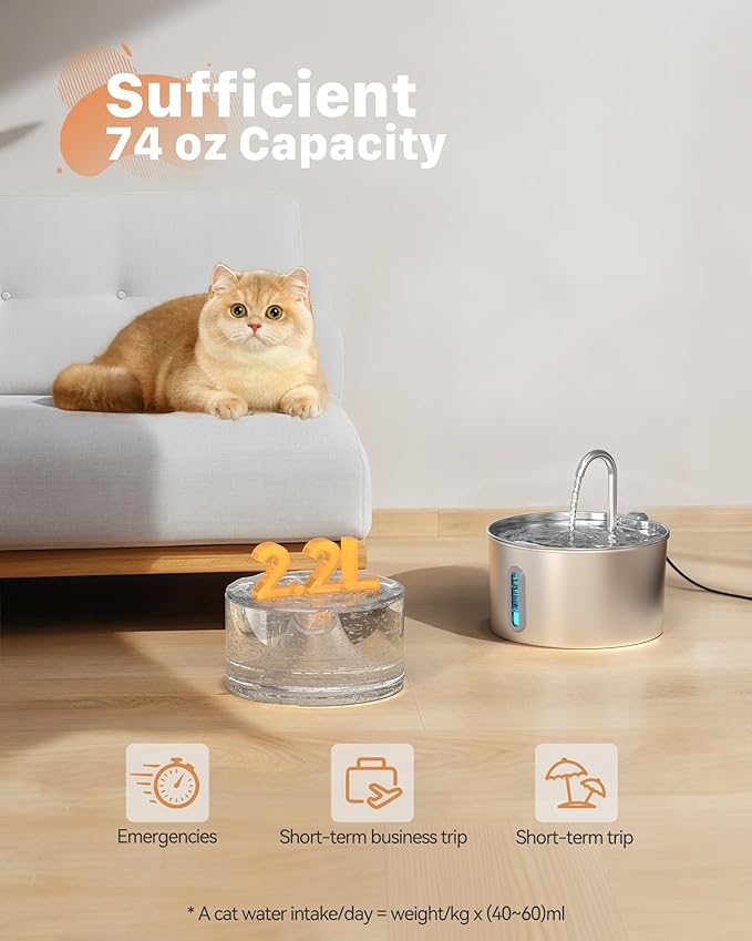 Cat Water Fountain Stainless Steel: Cat Fountain for Drinking - Automatic Pet Water Fountain for Cats Inside - 74oz/2.2L Dog Water Dispenser Cat Drinking Supplies Metal Kitty Spout Animal Waterer Bowl - PAWPICO