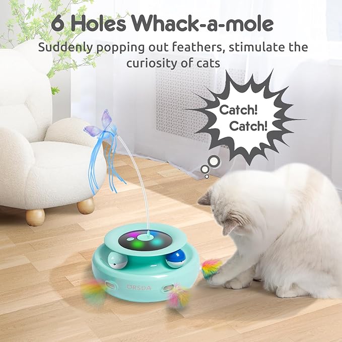 ORSDA Cat Toy, 3-in-1 Automatic Cat Toys for Indoor Cats, Electronic Whack a Mole, Fluttering Butterfly,Track Balls Kitten Toy, Rechargeable Power Interactive Feather Toys for All Breeds - PAWPICO