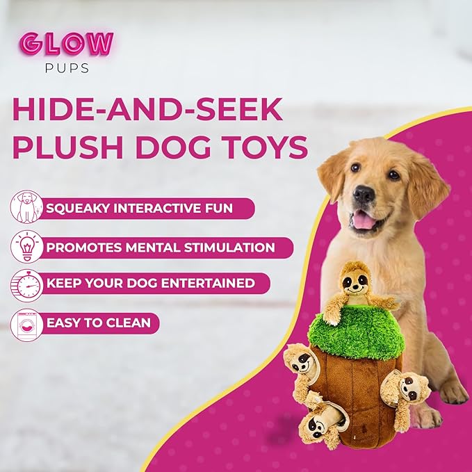 Sloth in Tree Hide and Seek Dog Toy for Small and Medium Size Dogs, Plush Sloth Inside Trunk Dog Toy with Squeaker, Interactive Burrow Dog Toy (Tree with Sloths, Medium) - PAWPICO