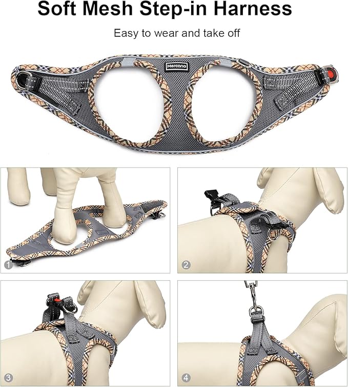 Mercano Soft Mesh Dog Harness and Leash Set, No-Chock Step-in Reflective Breathable Lightweight Easy Walk Escape Proof Vest Harnesses with Safety Buckle for Small Medium Dogs, Cats (Grey, XXS) PAWPICO