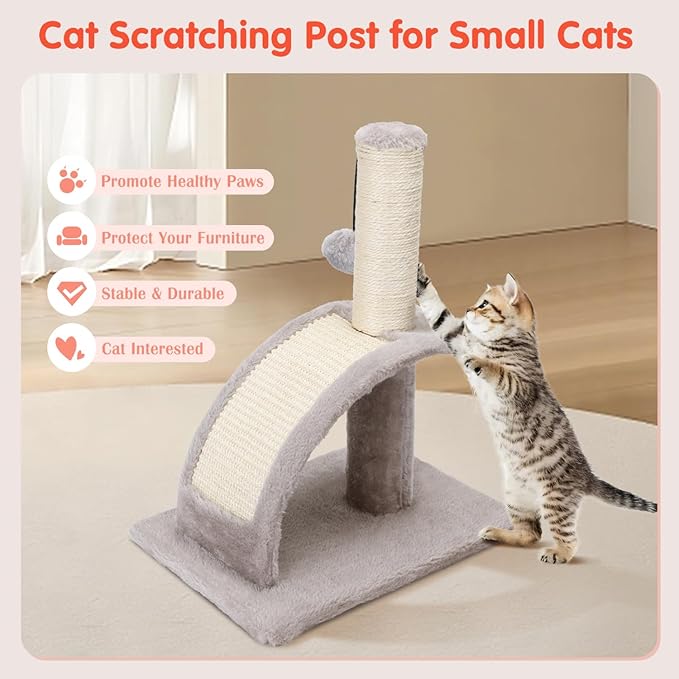 Nobleza Cat Scratching Post for Indoor Cats, Durable Natural Sisal Rope Cat Scratch Post with Cat Self Groomer, Sturdy Cat Scratcher Post for Kittens Small Cats with Funny Hanging Ball, Light Grey - PAWPICO
