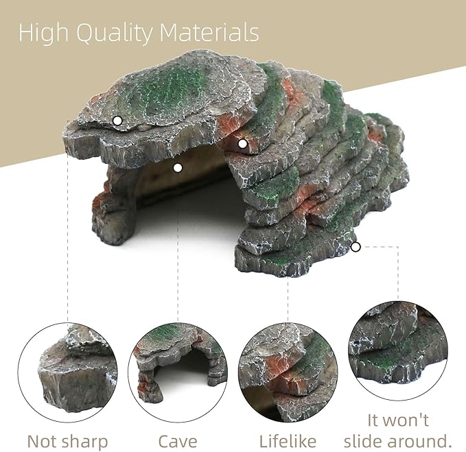 Gecko Hide Shale Scape Step Ledge, Reptile Cave Hideout Tank Accessories Decorations, Great for Reptiles, Amphibians, Leopard Gecko, Lizard, Frogs, Turtle (Small-B-7.3 * 4.4 * 3) relaqcc