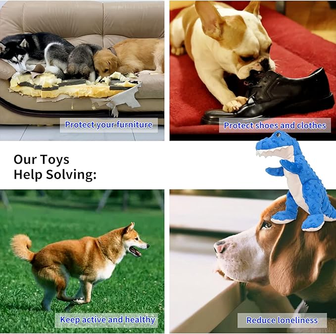 DODODOLA Dog Toys Dinosaur Dog Toy Blue Stuffed Animals Chew Toy Plush Squeaky Dog Birthday Toys for Small Large Big Dogs - PAWPICO