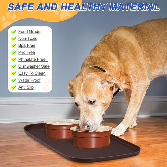 Silicone Pet Feeding Mat with Raised Edge, Dog Cat Bowl Mats for Food and Water, Pet Placemat for Floors Waterproof, 22” x 14” x 0.8” Dark Brown - PAWPICO