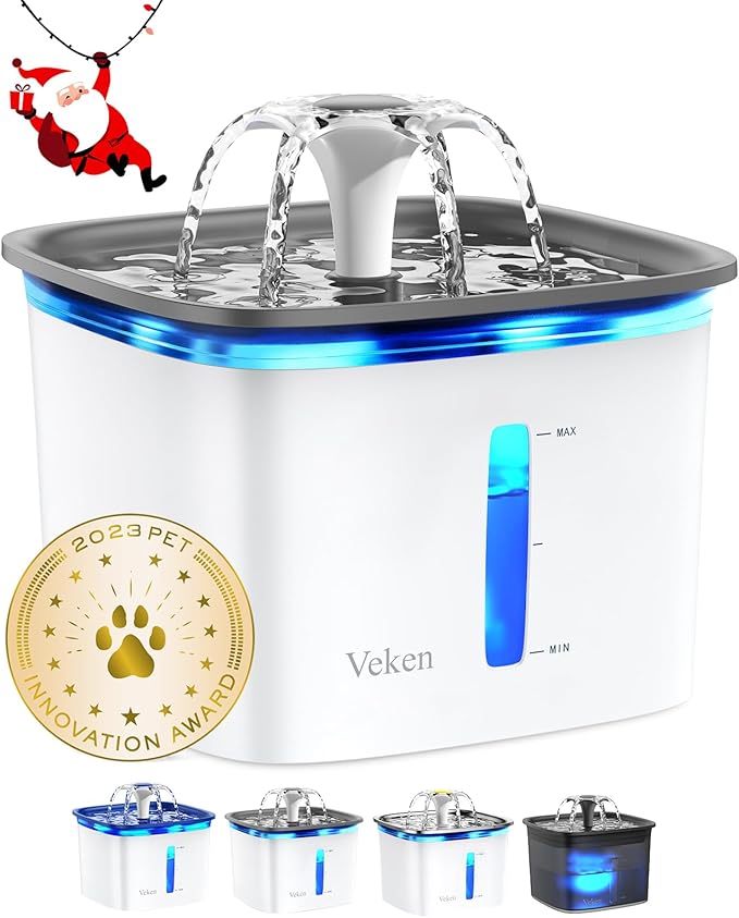 Veken 95oz/2.8L Pet Fountain, Automatic Cat Water Fountain Dog Water Dispenser with Replacement Filters for Cats, Dogs, Multiple Pets (Grey, Plastic) - PAWPICO