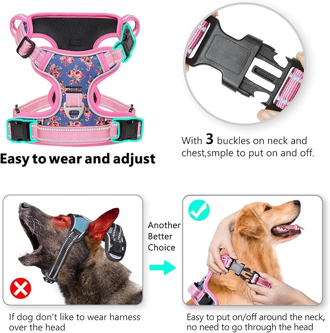 Timos No Pull Dog Harness,NO Need Go Over Dogs Head 3 Snap Buckles Reflective Oxford No Choke Harness with Front&Back 2 Metal Leash Clips Soft Padded for Small Medium Large Dogs,X-Large (Pack of 1) Timos