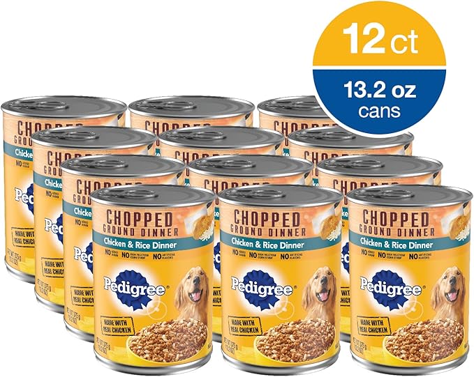 PEDIGREE Adult Canned Wet Dog Food Chopped Ground Dinner Chicken & Rice Flavor, (12) 13.2 oz. Cans - PAWPICO