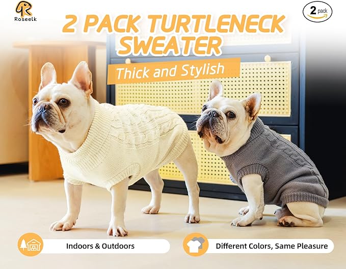2 Pack Dog Sweaters for Small Dogs - Puppy Medium Warm Clothes in Winter, Turtleneck Pullover Design for Boy Girl Pet, Doggie, Cat, Kitten Chihuahua Bulldog Pug Beagles (M, Grey, Beige) - PAWPICO