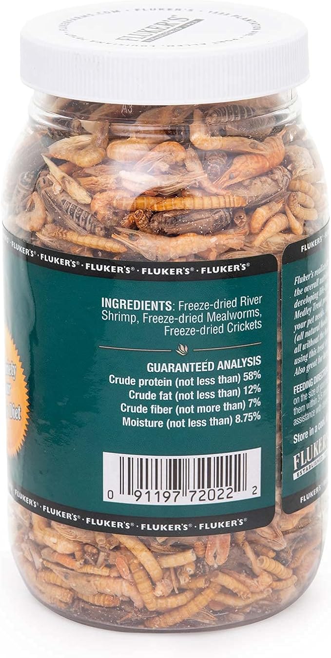 Fluker's Aquatic Turtle Food, Vitamin, Enriched Medley Treats of Freeze, Dried River Shrimp, Mealworms, and Crickets, 2.9 oz Flukers