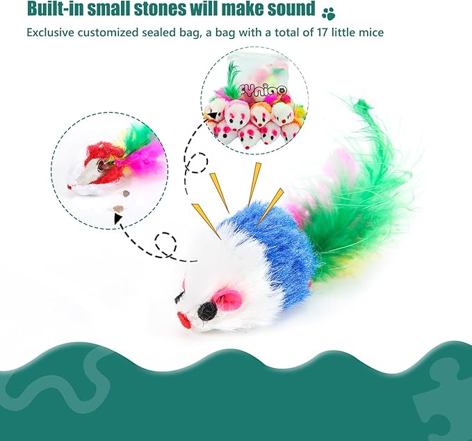 FYNIGO Cat Mouse Toys,17 PCS Cat Toy Mice Rattle Set,Interactive Cat Toy for Indoor Cats and Kittens,Assorted Color Catnip Toys with Feather Tail - PAWPICO