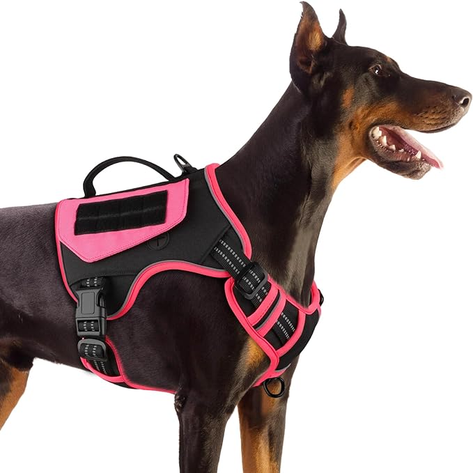 WINGOIN Tactical Dog Harness for Medium Dogs, No Pull Harness with Handle Pockets Poop Bag, Reflective Dog Vest, Military Service Heavy Duty Big Dog Harness for Walking Hiking Training, Black Pink, M WINGOIN