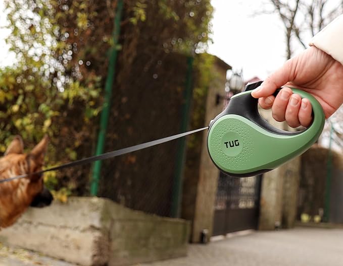 TUG 360° Tangle-Free Retractable Dog Leash with Anti-Slip Handle | 16 ft Strong Nylon Tape | One-Handed Brake, Pause, Lock (Large, Green) TUG