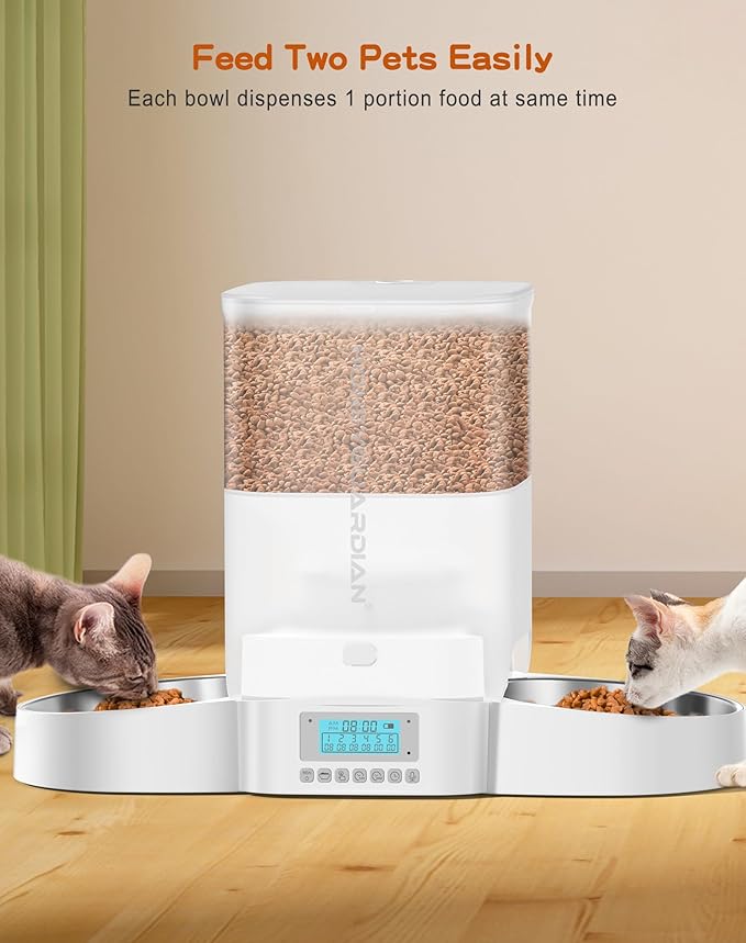 HoneyGuaridan Automatic Cat Feeder for Two Cats,3.5L Cat Food Dispenser with Stainless Steel Bowl,Timed Cat Feeder Programmable 1-6 Meals Control, Dual Power Supply,Desiccant Bag,10s Meal Call Whit - PAWPICO