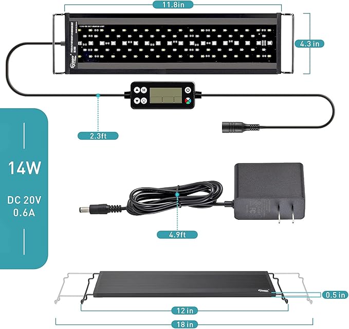 hygger Auto On Off LED Aquarium Light, Full Spectrum Fish Tank Light with LCD Monitor, 24/7 Lighting Cycle, 7 Colors, Adjustable Timer, IP68 Waterproof, 3 Modes for 12"-18" Freshwater Planted Tank hygger