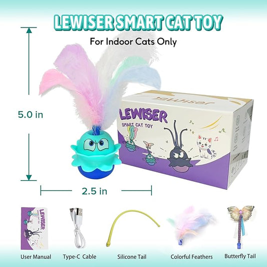 LEWISER Cat Toys Monster, 3in1 Rechargeable Automatic Interactive Cat Toy for Indoor Cats Exercise, Real Feathers, Silicone and Butterfly Tail, LED Lighting, Mice Squeak Chirping, Blue - PAWPICO