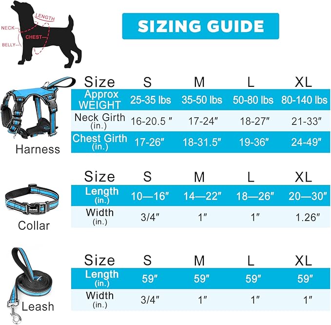 WINSEE Pet Harness Collar and Leash Set, All-in-one Reflective Dog Harness No Pull with Adjustable Buckles for Puppies, Small, Medium, Large, and Extra-Large Dogs (Large, Blue) - PAWPICO