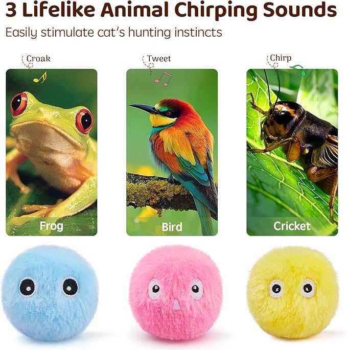 Potaroma Chirping Cat Toys Balls with SilverVine Catnip, Upgraded, 3 Pack Fluffy Interactive Cat Kicker, 3 Lifelike Animal Sounds, Kitty Kitten Catnip Exercise Toys - PAWPICO