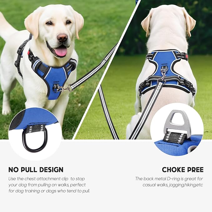 Timos Dog Harness for Large Dog, No Pull Service Vest with Reflective Strips and Control Handle,No Choke Dog Harness with 2 Metal Rings for Easy Walking,Outdoor Training,Blue, XL Timos