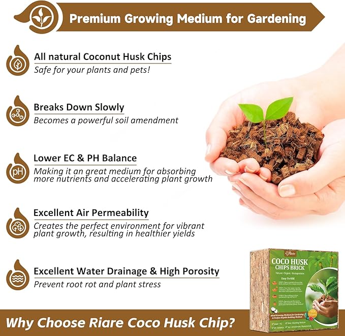 Riare 10LBS Coco Chips Substrate for Plants- 100% Organic Coconut Husk Chips with Low EC and pH Balanced, High Expansion Coconut Substrate Coco Husk Mulch for Garden Flowers, Herbs, Planting Riare