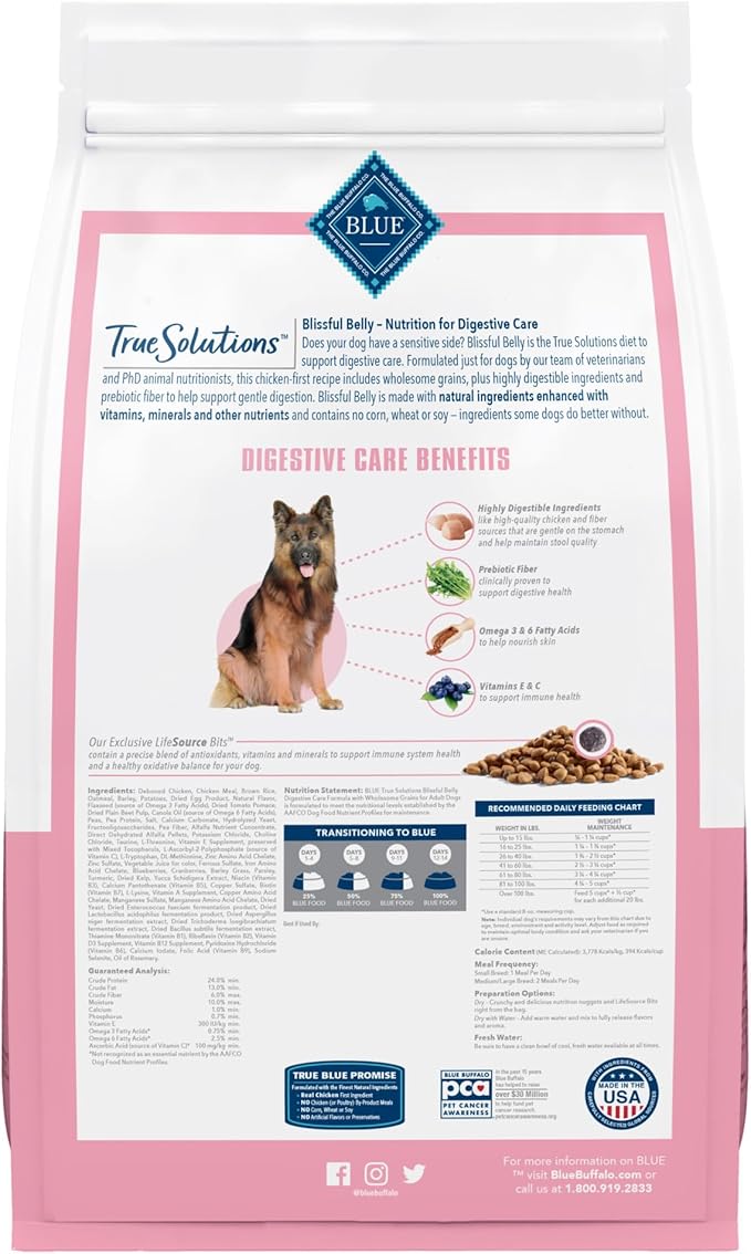 Blue Buffalo True Solutions Blissful Belly Digestive Care Natural Dry Food for Adult Dogs, Chicken, 11-lb Bag - PAWPICO