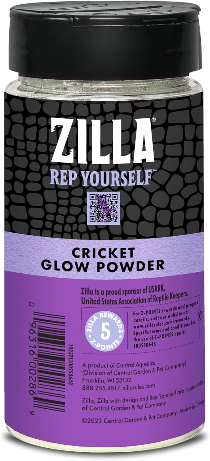 Zilla Cricket Glow Powder — add to Reptile Food for a Fun Twist, More exciting Than Plain Calcium Powder! Fluoresces Under Black Light, Ideal for Insectivores, 4 Ounces Zilla