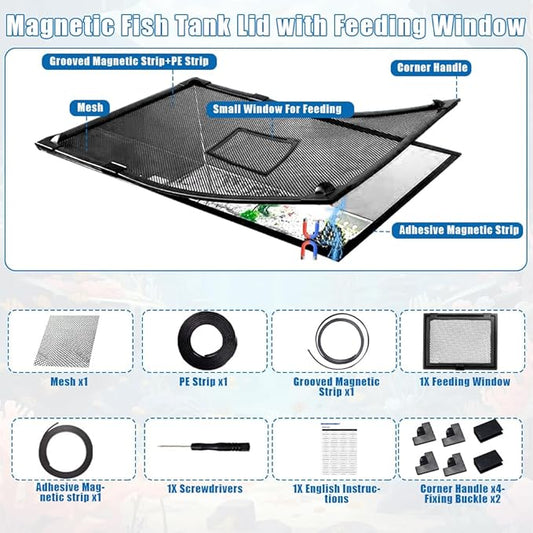 Magnetic Fish Tank Lid with Feeding Window, SEILETOO High Transparency Fish Tank Cover, Aquarium Lid Can be Cut to Any Size, Fish Anti Jumping Net SEILETOO