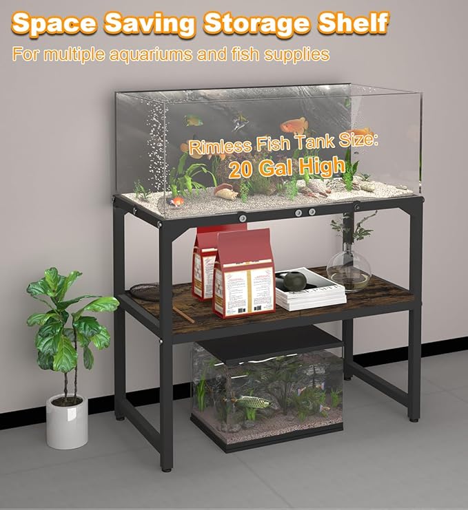 20 Gallon High Rimless Fish Tank Stand with Shelf for Storage, 2 Tiers Metal Aquarium Stand, Breeder Tank Turtle Reptile Terrariums Stand Rack for Home Office, 24" L x 12" W x 20.5" H, Black Mondazie