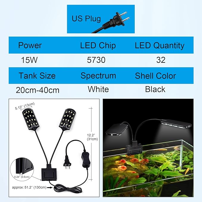 WEAVERBIRD Double Head Aquarium Fish Tank Light 15W 32 LED Aquarium Planted Clip Lamp 1600LM White LED Lighting for 8-15 Inch Fish Tank WEAVERBIRD
