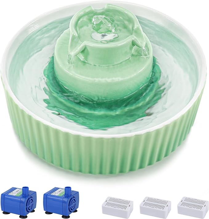 Ceramic Cat Water Fountain, 2.1L/71oz Cat Fountain with 3 Carbon Filters and 2 Water Pumps, Cupcake Pet Water Fountain for Cats and Dogs (Green) - PAWPICO