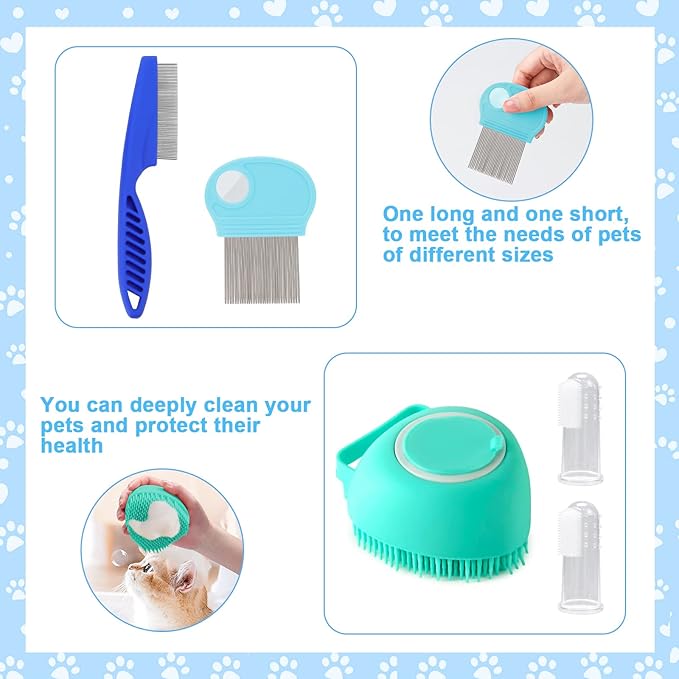 VCZONE 8 Pcs Cat Brush Grooming Kits, Pet Self Cleaning Kit with Pet Nail Clipper and File, Flea Comb, Pet Shampoo Bath Brush, Pet Shedding Brush, Silicone Toothbrush (Blue) - PAWPICO