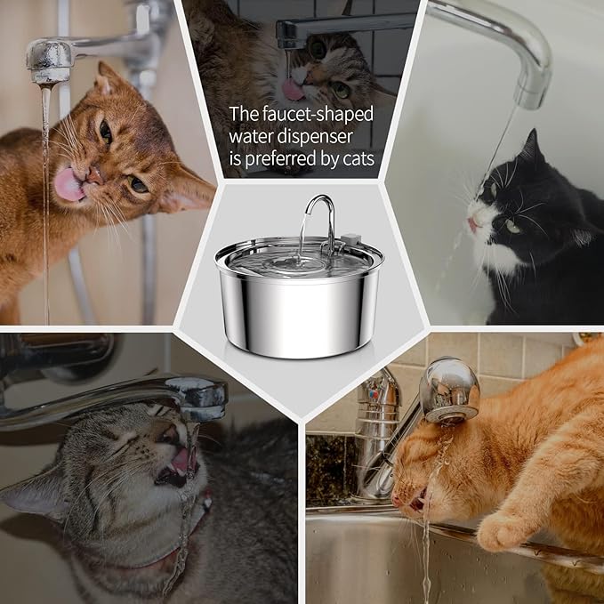 Tomxcute Cat Water Fountain, 3.2L/108oz Automatic Stainless Steel Pet Fountain Dog Water Dispenser, Ultra-Quiet Pump and 3 Replacement Filters & for Cats, Dogs, Multiple Pets - PAWPICO