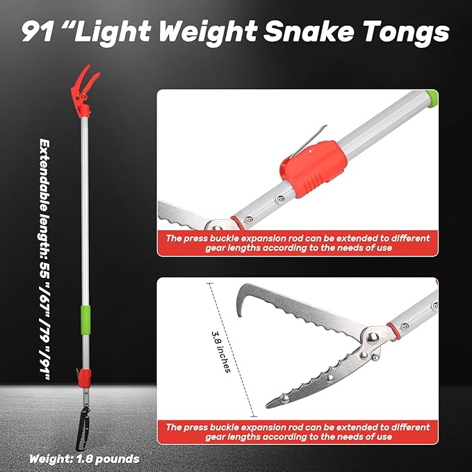 91 Inches Snake Grabber -Stainless Steel Snake Tongs Foldable with Lock Suitable for Catching Rattlesnakes and Coral Snakes Reptile KUNNKU