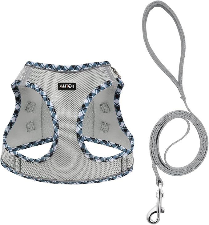 AMTOR Small Dog Harness with Leash Set, No Escape Easy Walk Puppy Harnesses for Training Walking, Step-in Reflective Soft Dogs Vest for XS S Medium Extra-Small Large Sized Dog(Grey) AMTOR