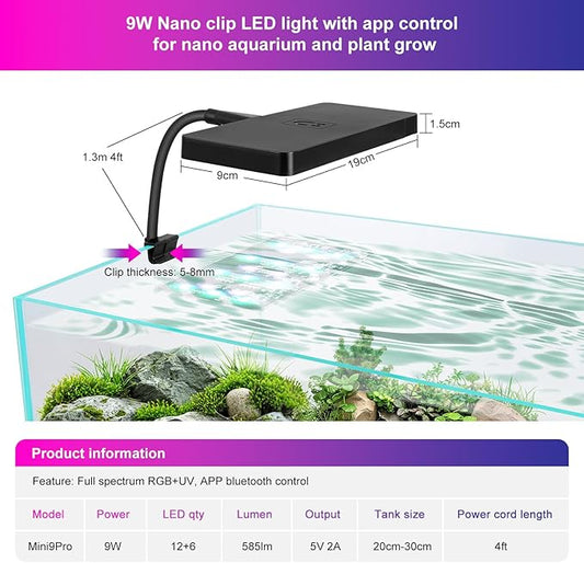 Smart 9W Aquarium LED Light, Nano Clip lamp for Aquarium Plant Growth,RGB Full Spectrum Aquarium Light,APP Control Adjustable Terrarium Light, JEREPET