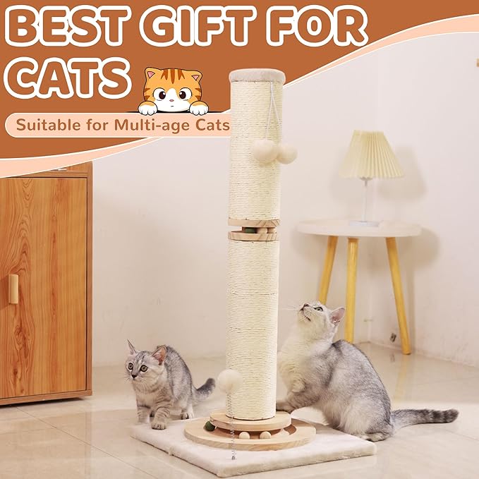 OTOB 33" Tall Cat Scratching Post, 4.3Inch Large Diameter Natural Sisal Rope Scratcher Post, 5-in-1 Interactive Turntable Cat Scratch Post with Soft Hanging Ball Toys for Indoor Large Cats - PAWPICO