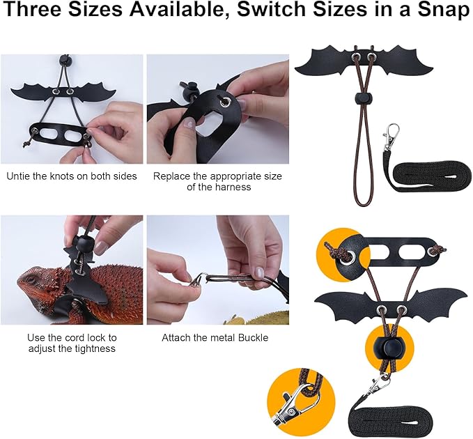 Bearded Dragon Harness and Leash Set, Adjustable Harness Soft Leather-3 Sizes (S, M, L) with Black Wing, Upgrade Lizard Reptile Leash Harness for Bearded Dragon,Lizard, Iguana or Gecko Bopurle